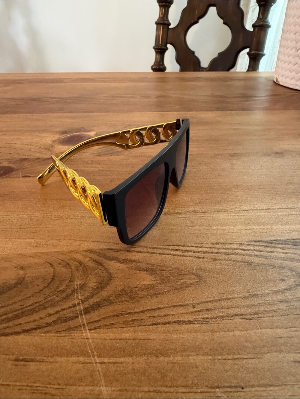 Black Shield Sunglasses with Gold Chain Temples
